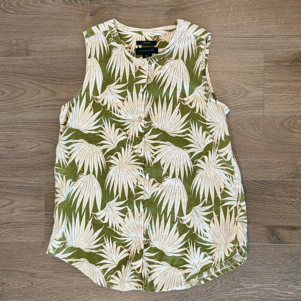 Tahari 100% Linen Sleeveless Blouse Green Floral Tropical Palm Womens small boho